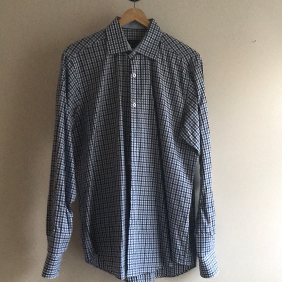 EUC Bugatchi Men’s black/blue/white checkered button down collared shirt - Picture 2 of 7